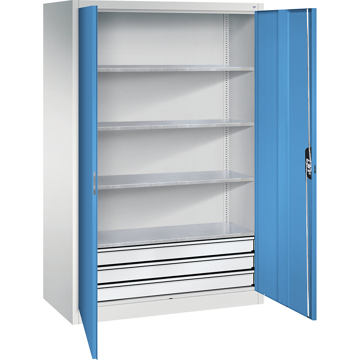 Armadio da officina con ante a battente e cassetti – C+P, largh. x prof. 1200 x 600 mm, 4 ripiani, grigio chiaro / blu chiaro-0
