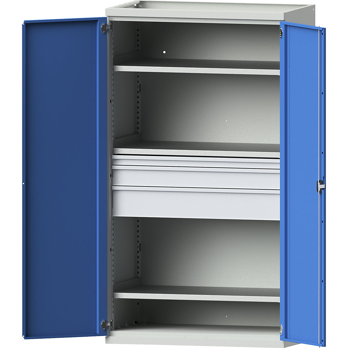 Armadio in acciaio per carichi pesanti – eurokraft pro, 3 ripiani, 1 cassetto alto 60 mm, 1 alto 120 mm, 1 alto 180 mm, grigio chiaro / blu chiaro-0