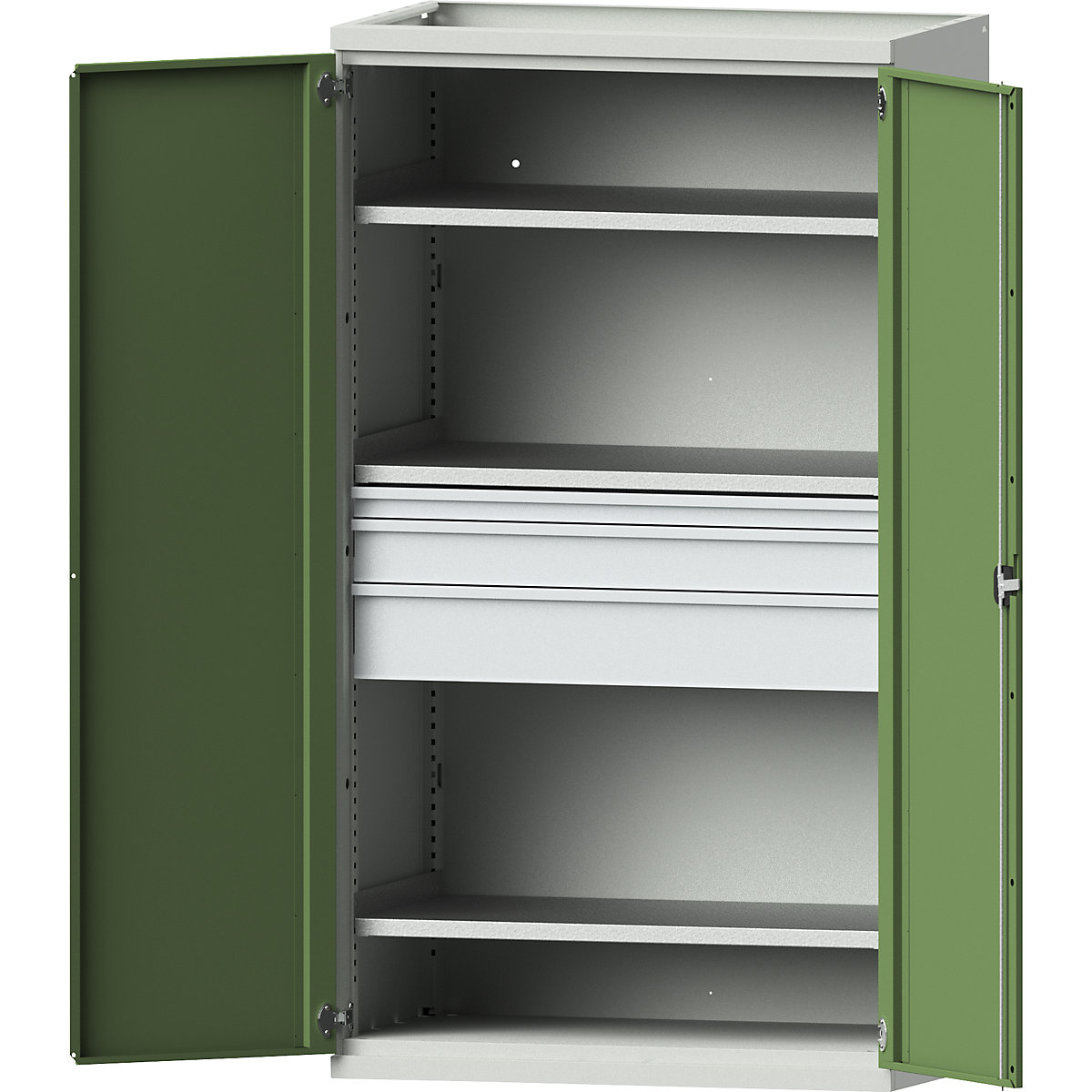 Armadio in acciaio per carichi pesanti – eurokraft pro, 3 ripiani, 1 cassetto alto 60 mm, 1 alto 120 mm, 1 alto 180 mm, grigio chiaro / verde reseda-0