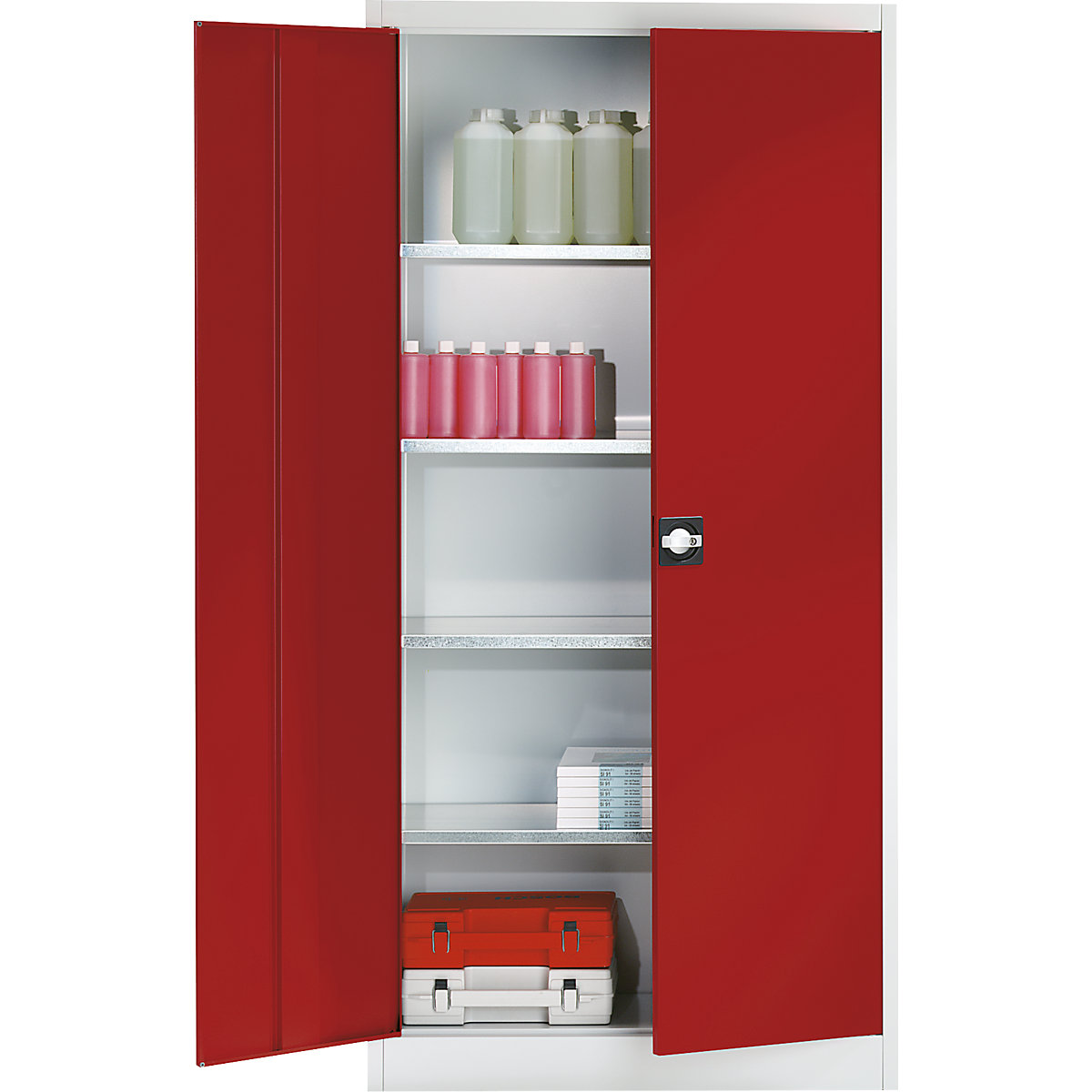 Armadio magazzino, alt. x largh. 1950 x 950 mm – mauser, profondità 420 mm, corpo grigio chiaro, ante rosso fuoco-0