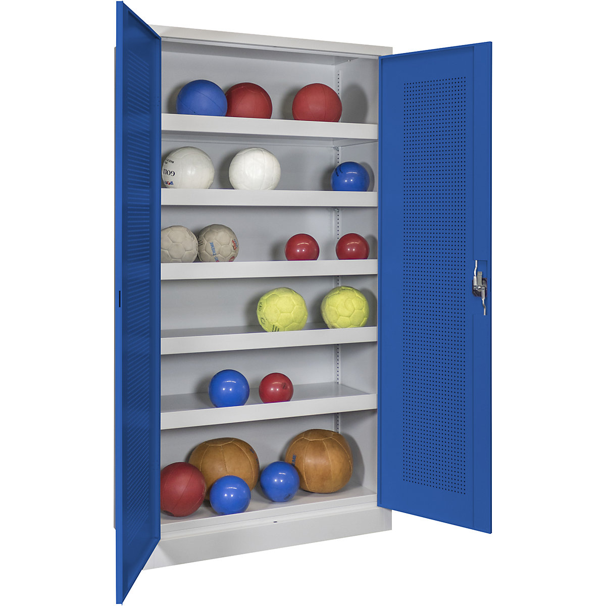 Armadio per palloni con ante a battente, altezza 1950 mm – Pavoy, con ante in lamiera forata, larghezza 1000 mm, grigio / blu-0