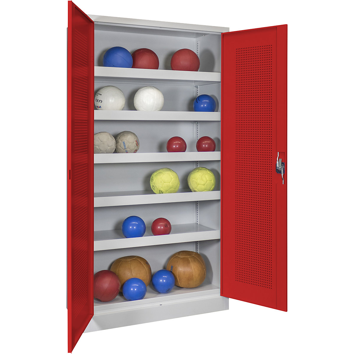 Armadio per palloni con ante a battente, altezza 1950 mm – Pavoy, con ante in lamiera forata, larghezza 1000 mm, grigio / rosso-0