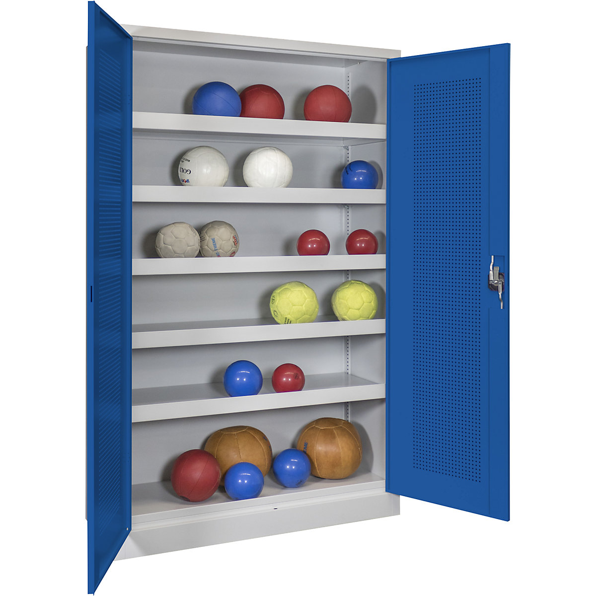 Armadio per palloni con ante a battente, altezza 1950 mm – Pavoy, con ante in lamiera forata, larghezza 1200 mm, grigio / blu-0