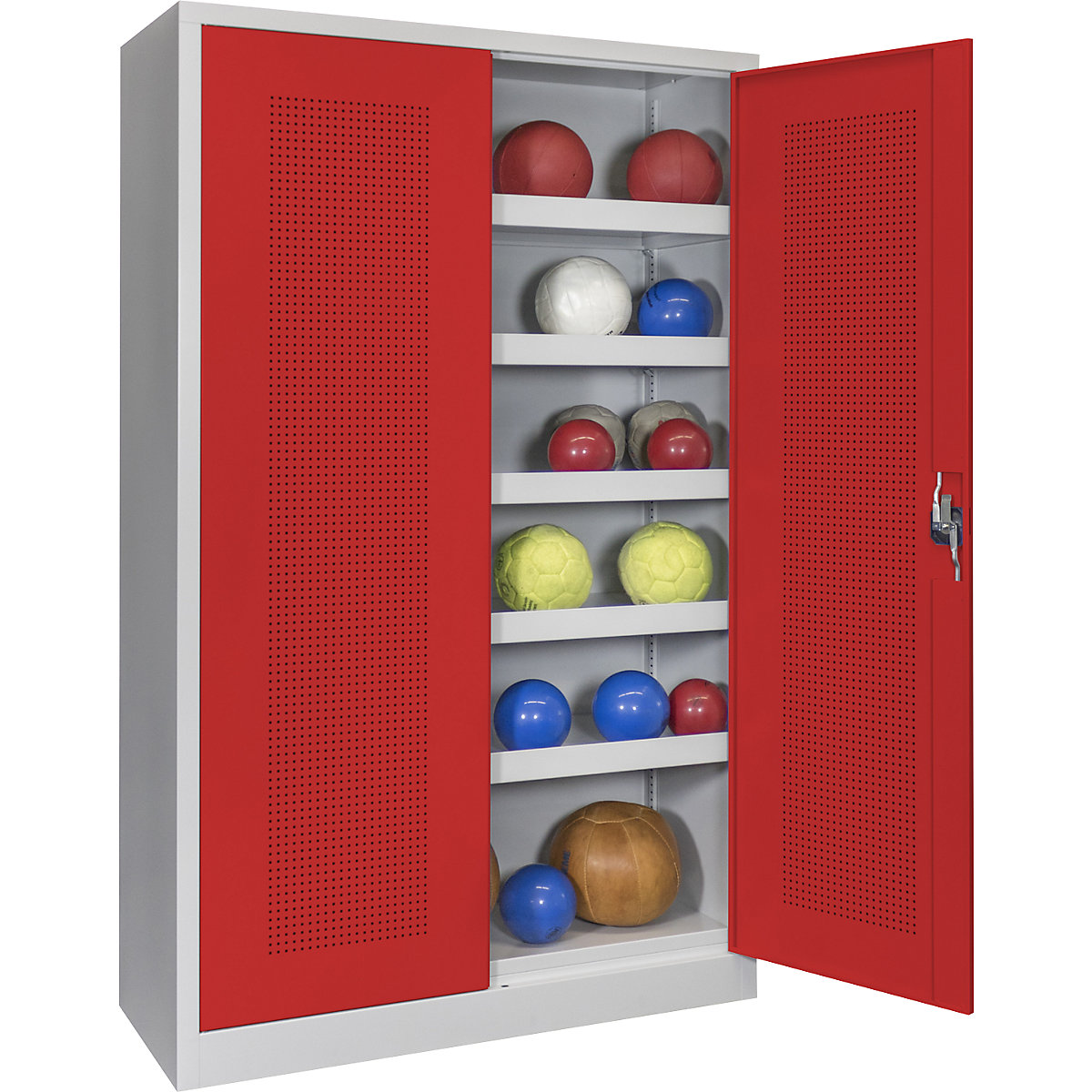 Armadio per palloni con ante a battente, altezza 1950 mm – Pavoy, con ante in lamiera forata, larghezza 1200 mm, grigio / rosso-0