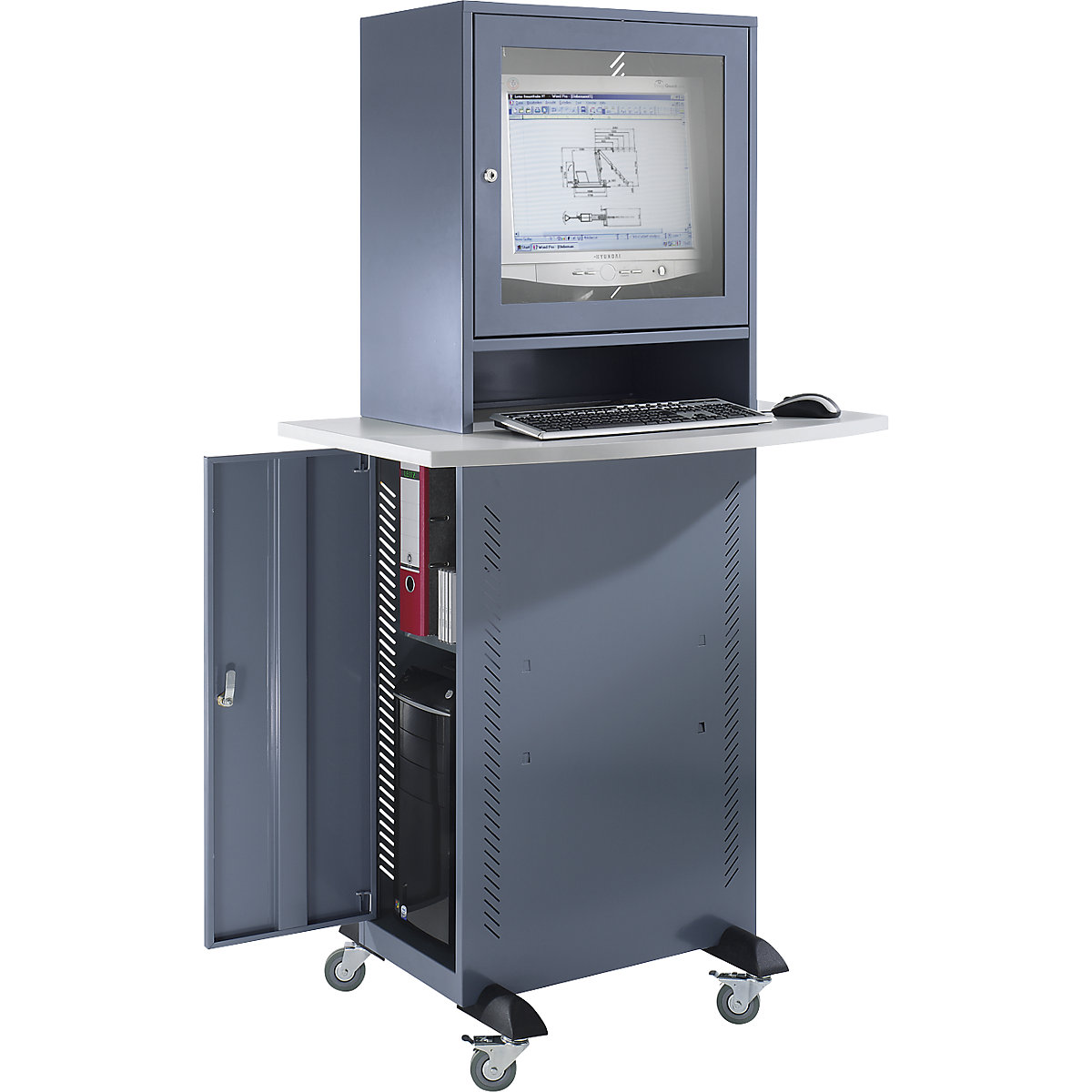 Armadio per computer – eurokraft basic, con piano di lavoro, grigio-azzurro-0
