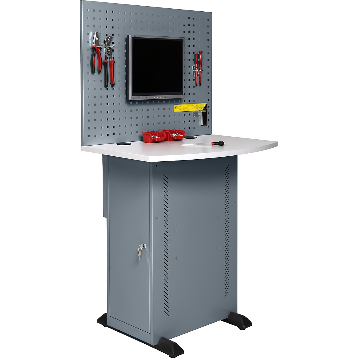 Armadio per computer – eurokraft basic, con piano di lavoro e parete forata, grigio-azzurro-0