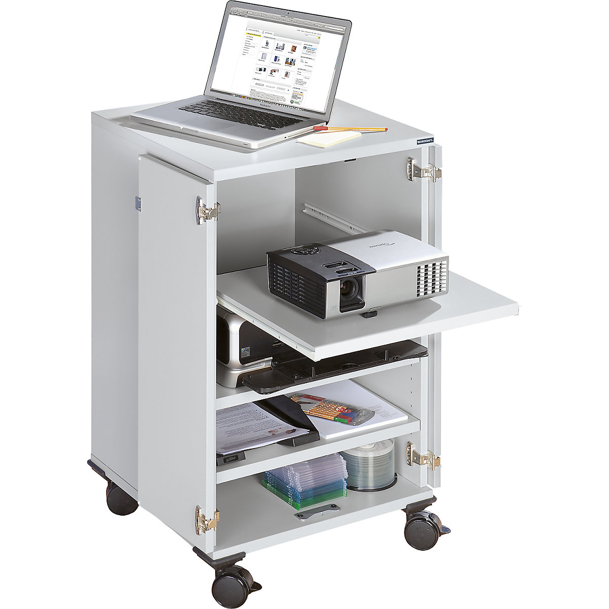 Carrello multimediale, con rotelle – eurokraft pro, 2 ante a battente, 3 ripiani, alt. x largh. x prof. 960 x 550 x 550 mm-0