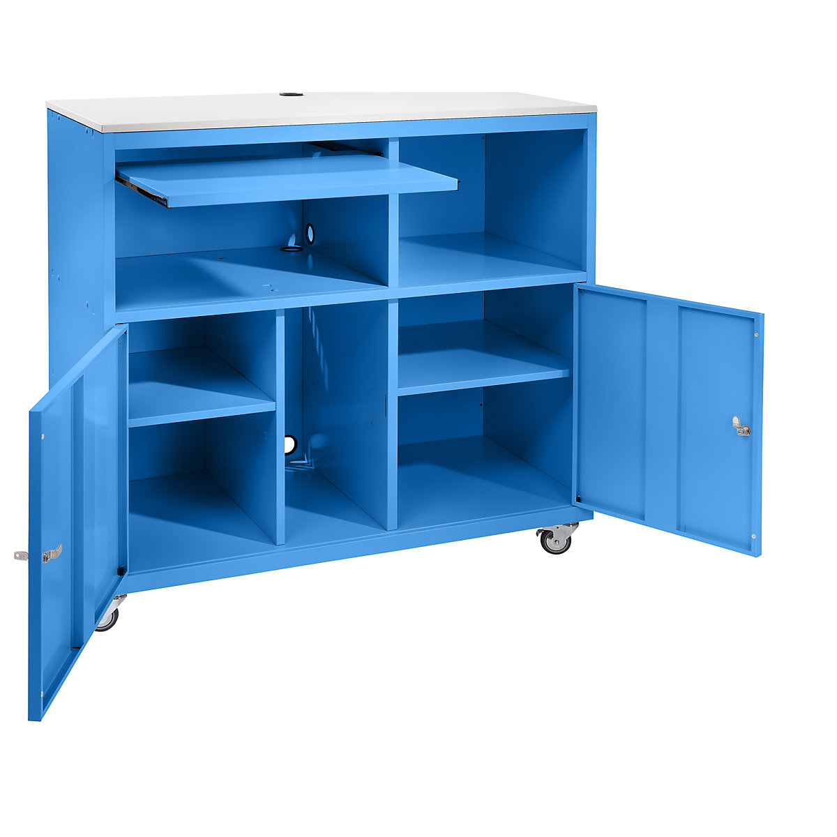 Postazione per PC, con rotelle – eurokraft basic, alt. x largh. x prof. 1184 x 1180 x 590 mm, blu chiaro RAL 5012-0