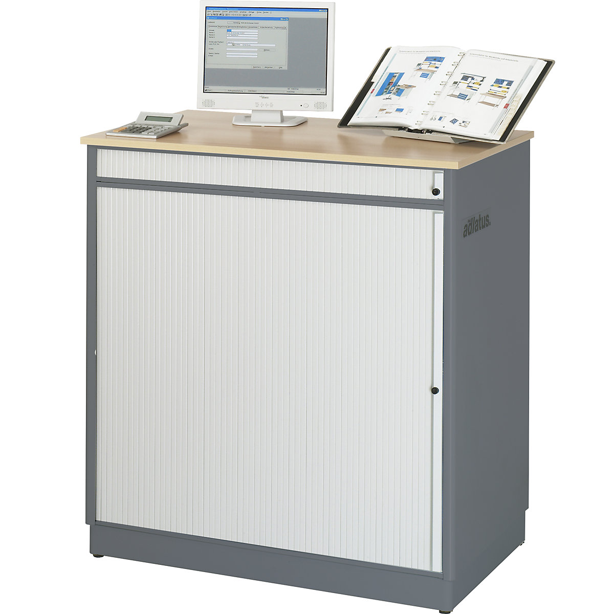 Stazione di lavoro per PC – RAU, alt. x largh. x prof. 1100 x 1030 x 660 mm, antracite metallico / blu genziana-0