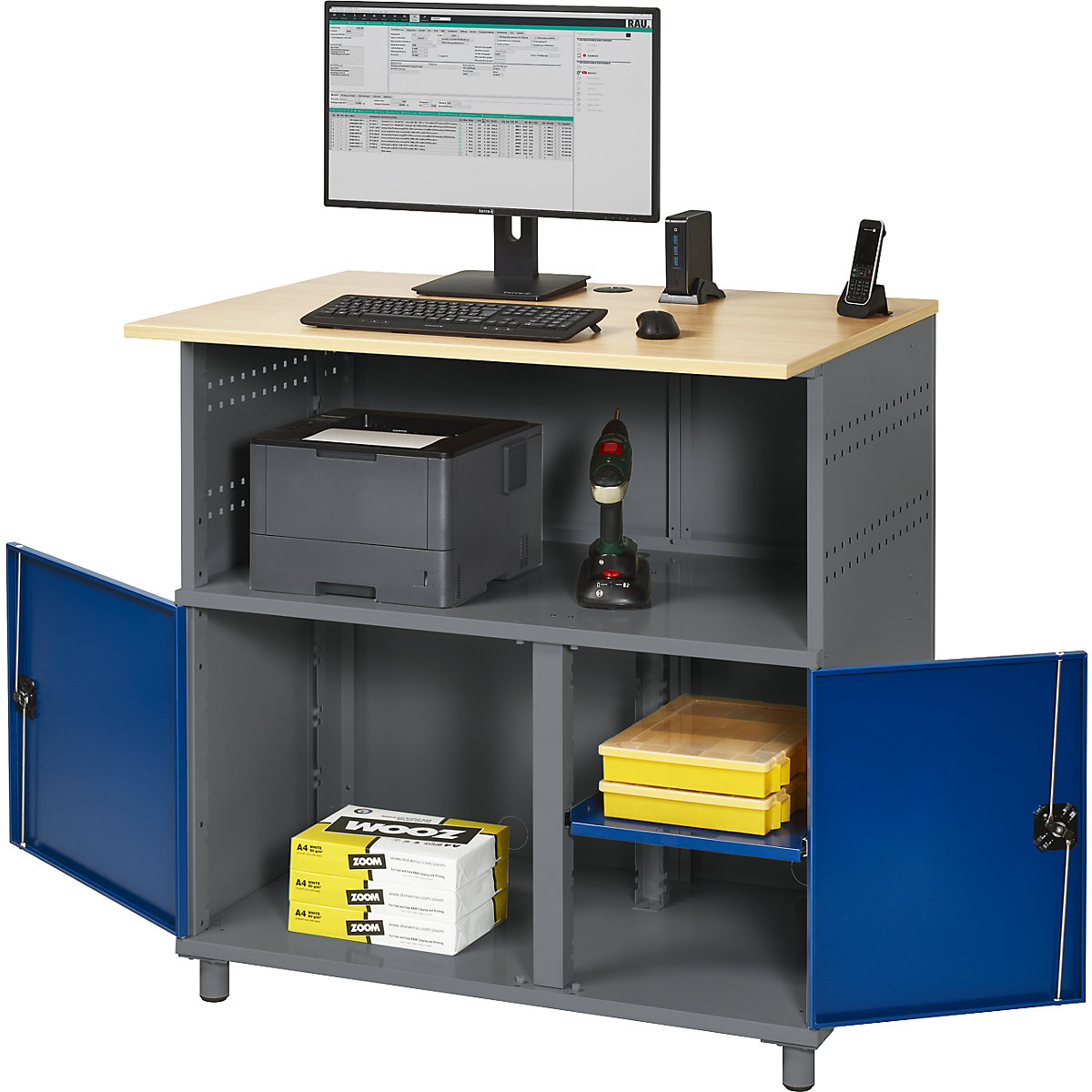 Tavolo per PC – RAU, con parete divisoria, antracite metallico / blu genziana RAL 5010-0