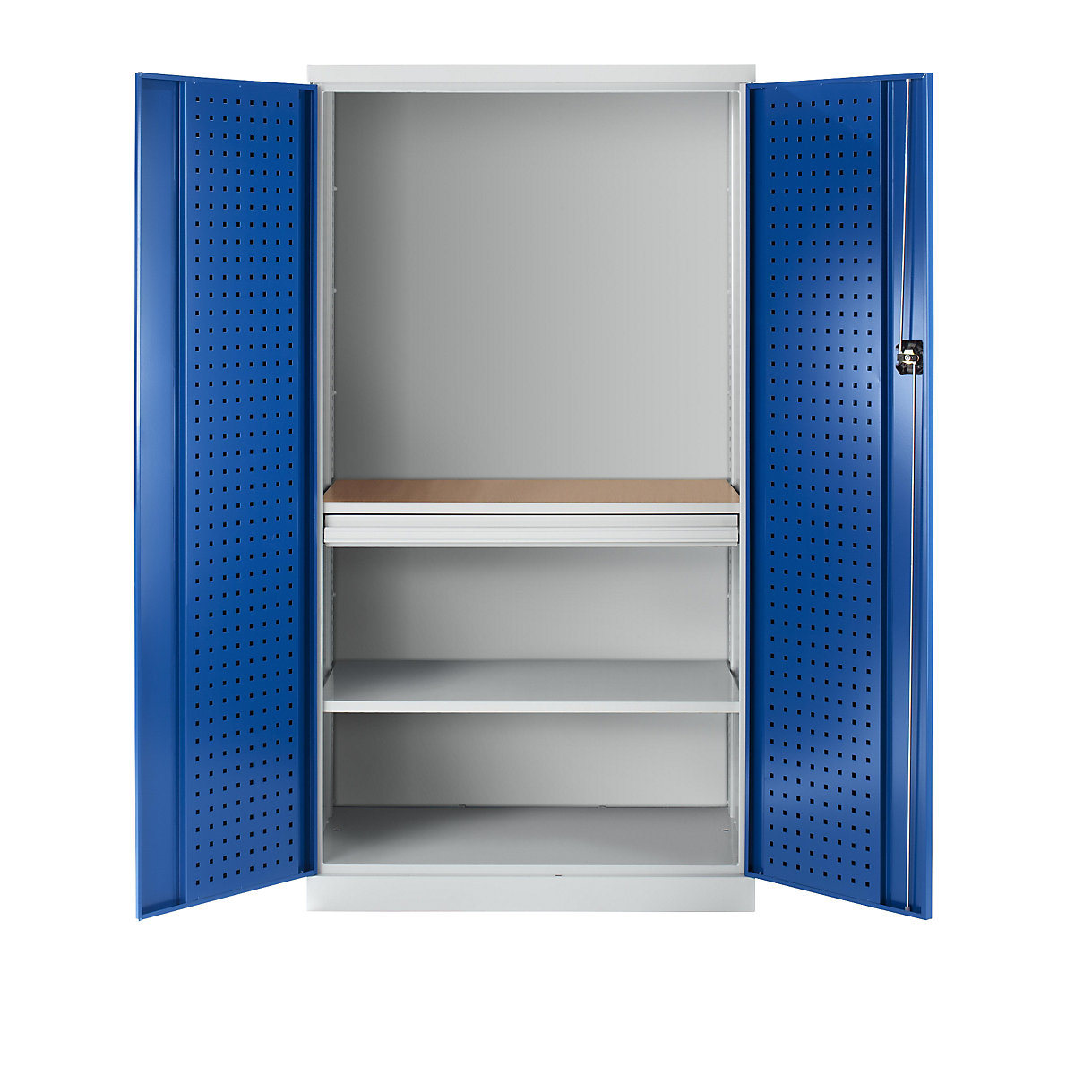 Armadio portattrezzi con fori, 1 cassetto, 1 ripiano, 1 piano di lavoro – parete posteriore liscia, ante blu genziana-0