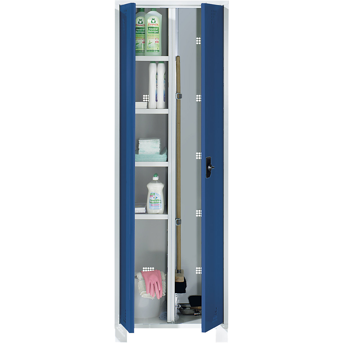 Armadietto multiuso e armadietto guardaroba Bremen – eurokraft pro, tramezza centrale, supporto per attrezzi, grigio chiaro / blu brillante, larghezza 600 mm-0