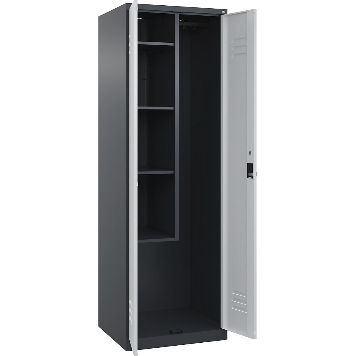 Armadietto per materiale di pulizia Classic PLUS – C+P, 1 scomparto, tramezza centrale, corta, grigio, largh. 600 mm, con piedini a pavimento, serratura girevole-0