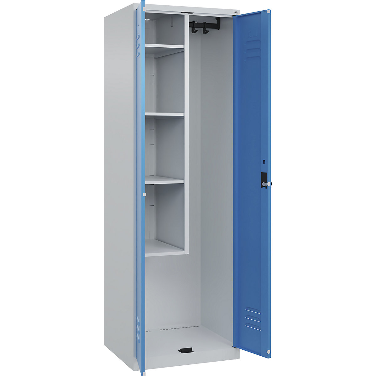 Armadietto per materiale di pulizia Classic PLUS – C+P, 1 scomparto, tramezza centrale, corta, grigio chiaro / blu chiaro, largh. 600 mm, con piedini a pavimento, serratura girevole-0