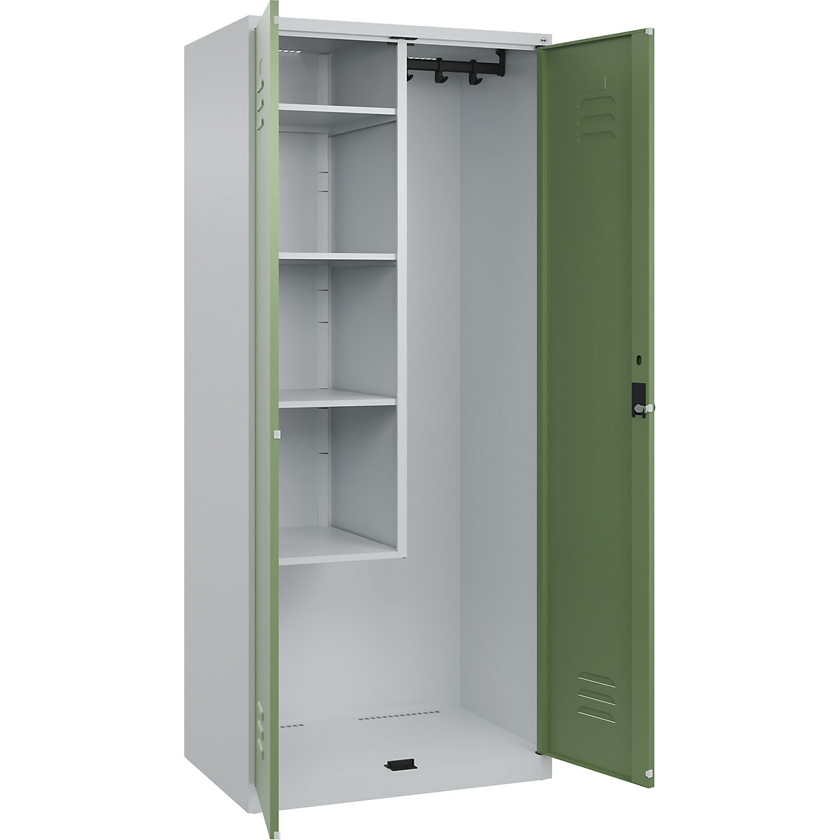 Armadietto per materiale di pulizia Classic PLUS – C+P, 1 scomparto, tramezza centrale, corta, grigio chiaro / verde reseda, largh. 800 mm, con piedini a pavimento, serratura girevole-0