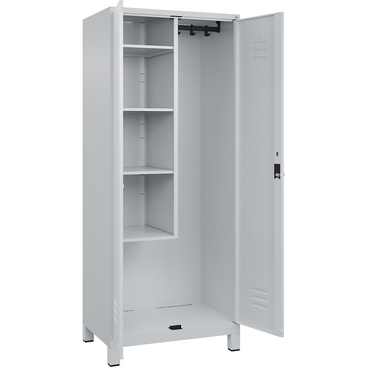 Armadietto per materiale di pulizia Classic PLUS – C+P, 1 scomparto, tramezza centrale, corta, grigio chiaro, largh. 800 mm, con piedini, serratura girevole-0