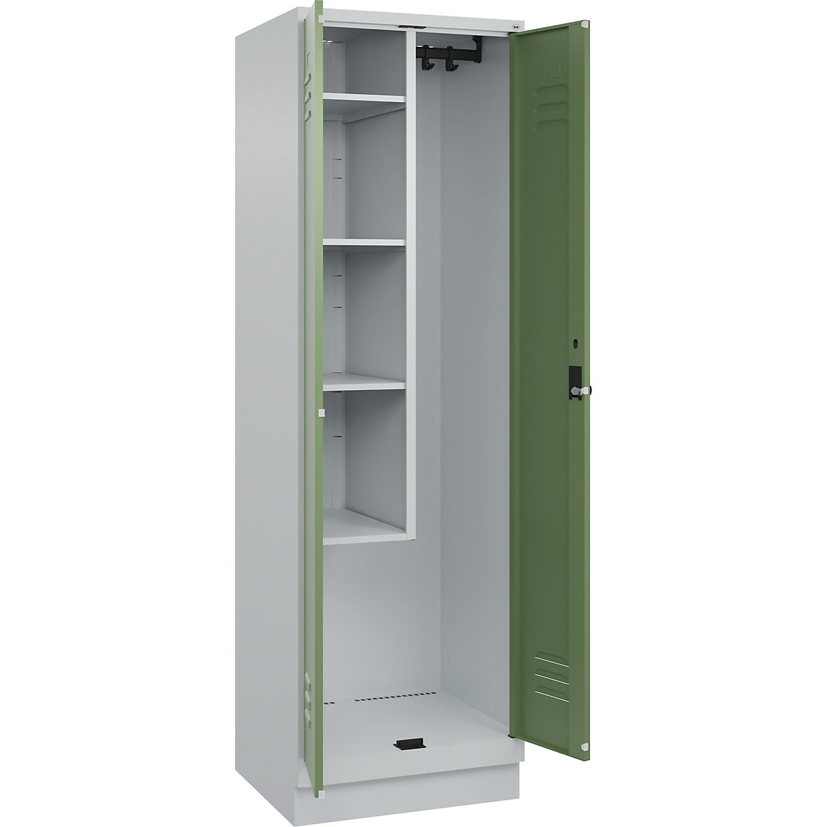 Armadietto per materiale di pulizia Classic PLUS – C+P, 1 scomparto, tramezza centrale, corta, grigio chiaro / verde reseda, largh. 600 mm, con zoccolino, serratura girevole-0