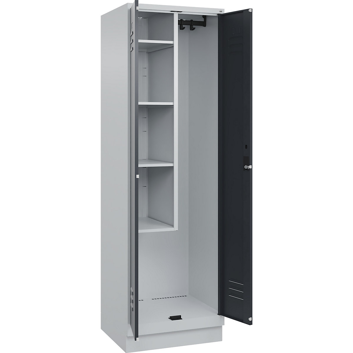 Armadietto per materiale di pulizia Classic PLUS – C+P, 1 scomparto, tramezza centrale, corta, grigio chiaro / grigio, largh. 600 mm, con zoccolino, serratura a cilindro-0