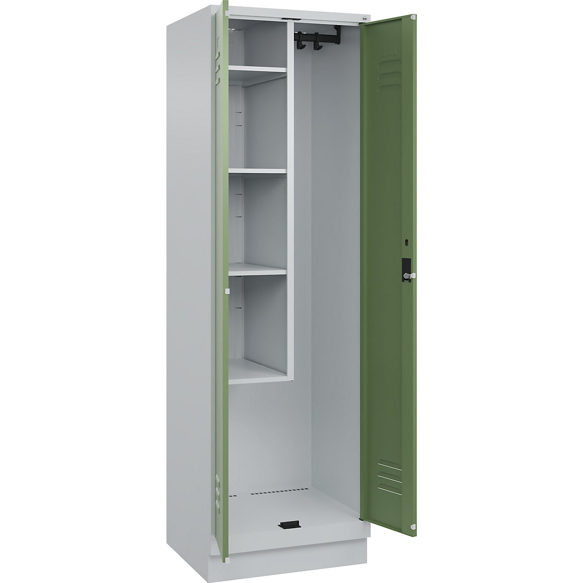 Armadietto per materiale di pulizia Classic PLUS – C+P, 1 scomparto, tramezza centrale, corta, grigio chiaro / verde reseda, largh. 600 mm, con zoccolino, serratura a cilindro-0
