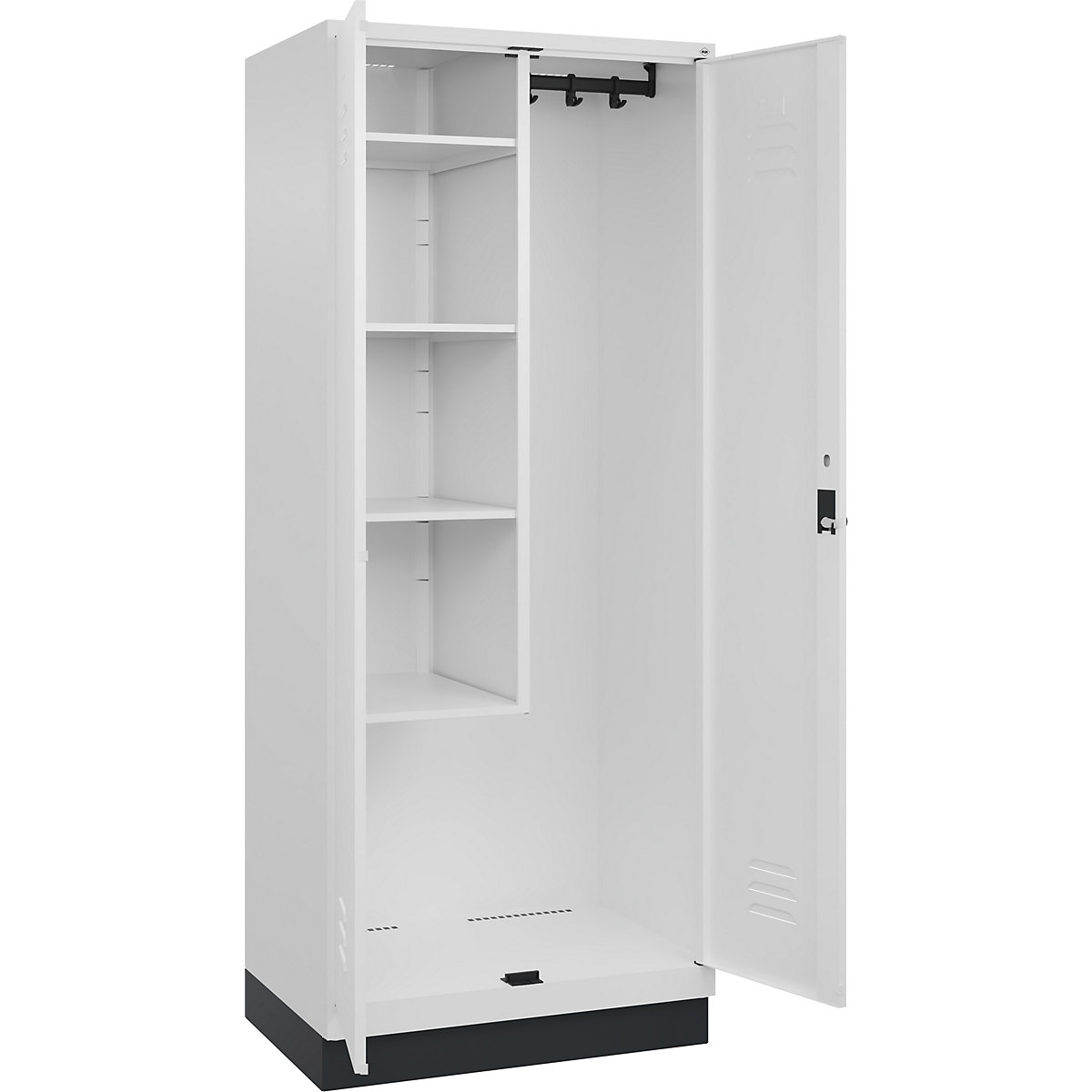 Armadietto per materiale di pulizia Classic PLUS – C+P, 1 scomparto, tramezza centrale, corta, bianco traffico, largh. 800 mm, con zoccolino, serratura girevole-0