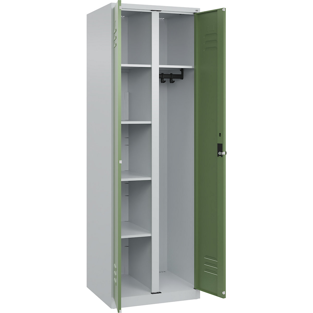 Armadietto per materiale di pulizia Classic PLUS – C+P, 1 scomparto, tramezza centrale, grigio chiaro / verde reseda, largh. 600 mm, con piedini a pavimento, serratura girevole-0