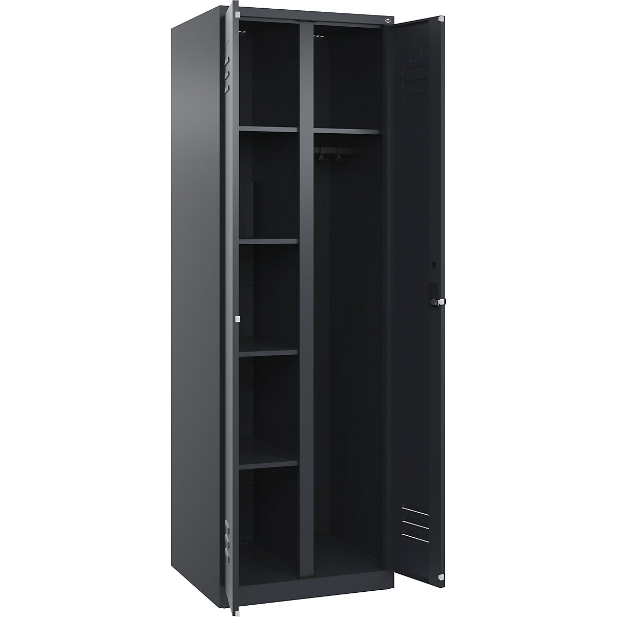 Armadietto per materiale di pulizia Classic PLUS – C+P, 1 scomparto, tramezza centrale, grigio, largh. 600 mm, con piedini a pavimento, serratura girevole-0