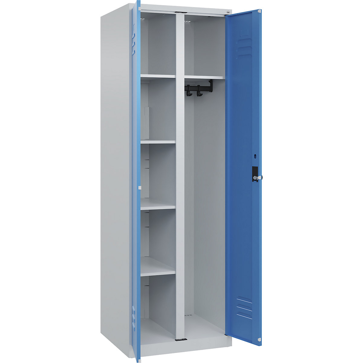 Armadietto per materiale di pulizia Classic PLUS – C+P, 1 scomparto, tramezza centrale, grigio chiaro / blu chiaro, largh. 600 mm, con piedini a pavimento, serratura girevole-0