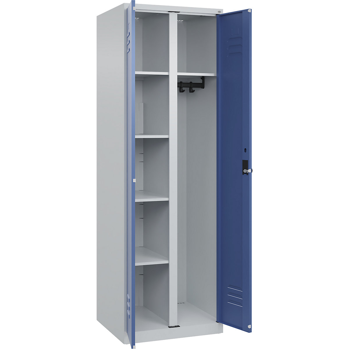 Armadietto per materiale di pulizia Classic PLUS – C+P, 1 scomparto, tramezza centrale, grigio chiaro / indaco, largh. 600 mm, con piedini a pavimento, serratura girevole-0