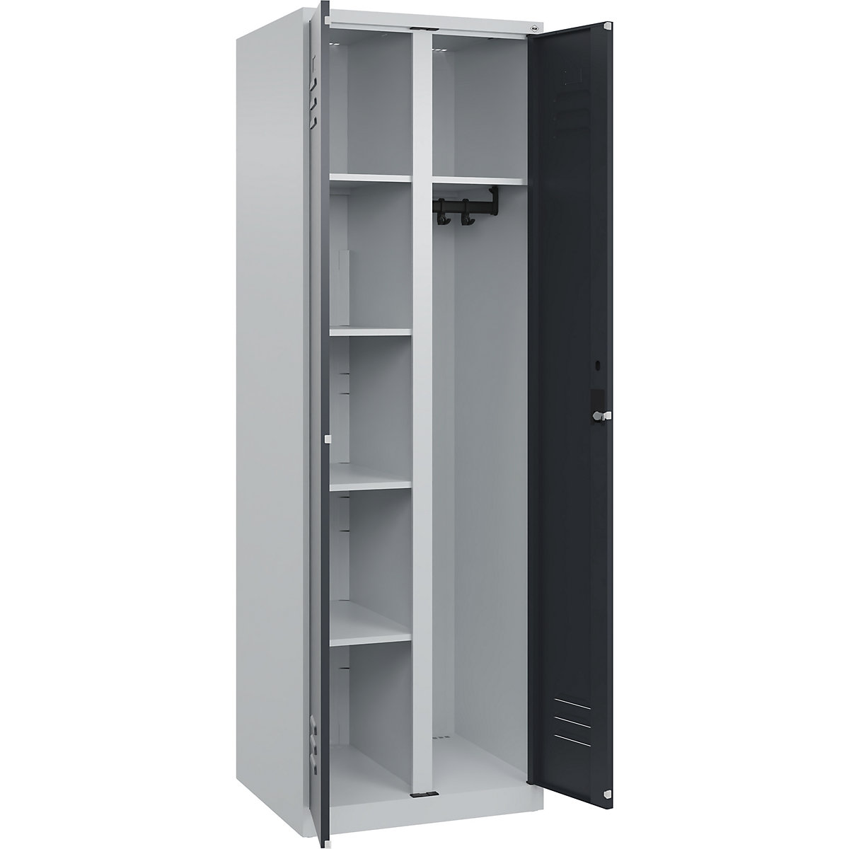 Armadietto per materiale di pulizia Classic PLUS – C+P, 1 scomparto, tramezza centrale, grigio chiaro / grigio, largh. 600 mm, con piedini a pavimento, serratura a cilindro-0