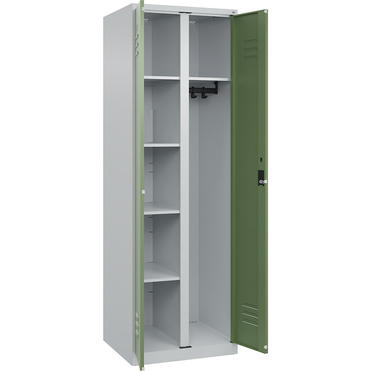Armadietto per materiale di pulizia Classic PLUS – C+P, 1 scomparto, tramezza centrale, grigio chiaro / verde reseda, largh. 600 mm, con piedini a pavimento, serratura a cilindro-0