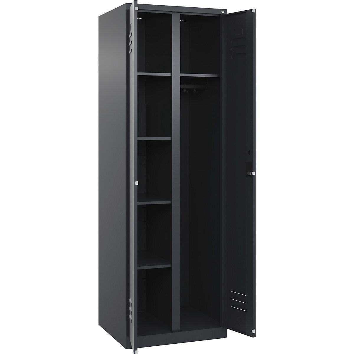 Armadietto per materiale di pulizia Classic PLUS – C+P, 1 scomparto, tramezza centrale, grigio, largh. 600 mm, con piedini a pavimento, serratura a cilindro-0