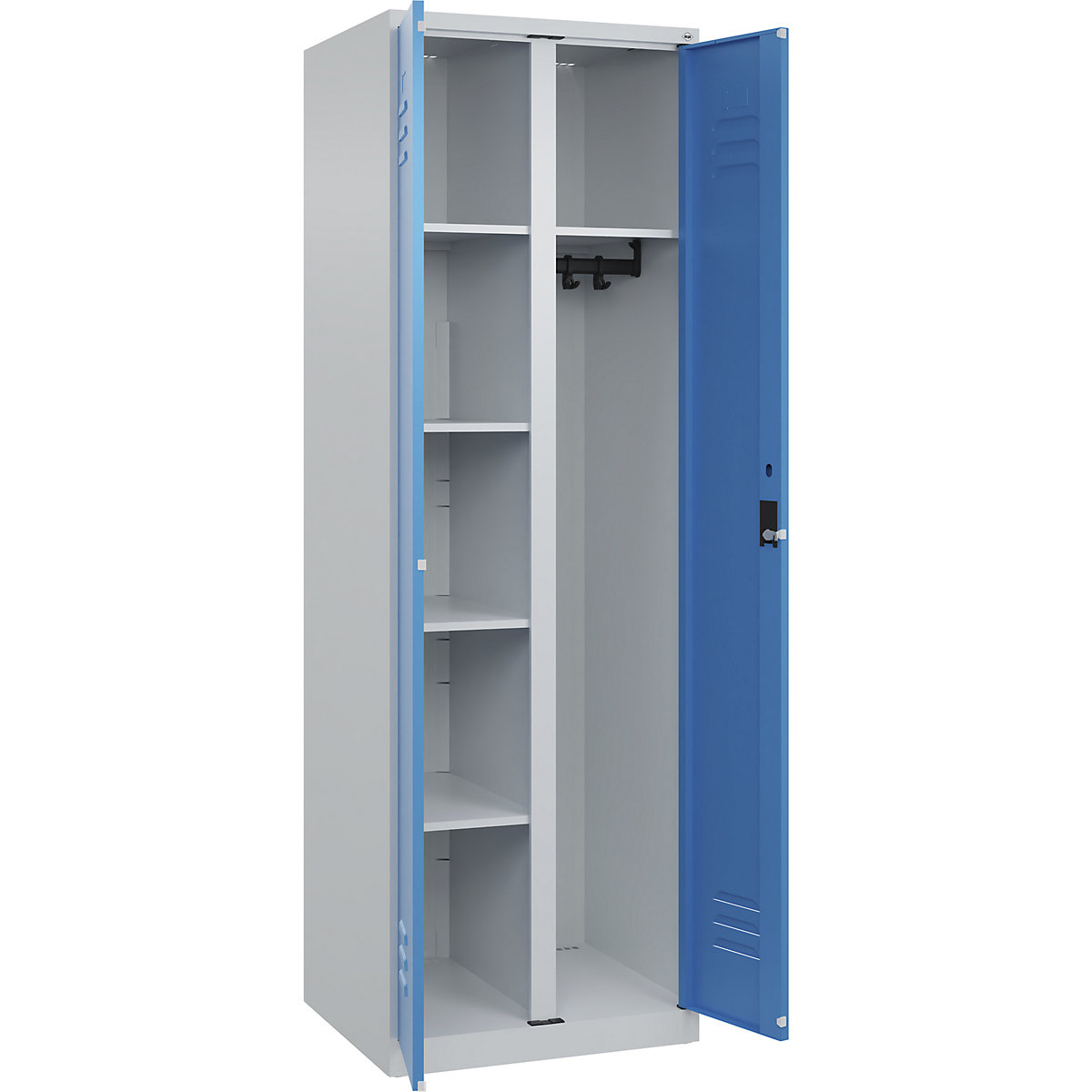 Armadietto per materiale di pulizia Classic PLUS – C+P, 1 scomparto, tramezza centrale, grigio chiaro / blu chiaro, largh. 600 mm, con piedini a pavimento, serratura a cilindro-0