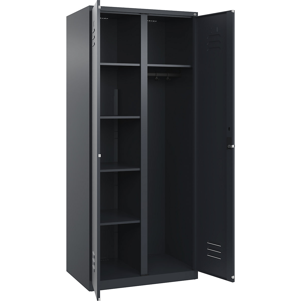 Armadietto per materiale di pulizia Classic PLUS – C+P, 1 scomparto, tramezza centrale, grigio, largh. 800 mm, con piedini a pavimento, serratura girevole-0