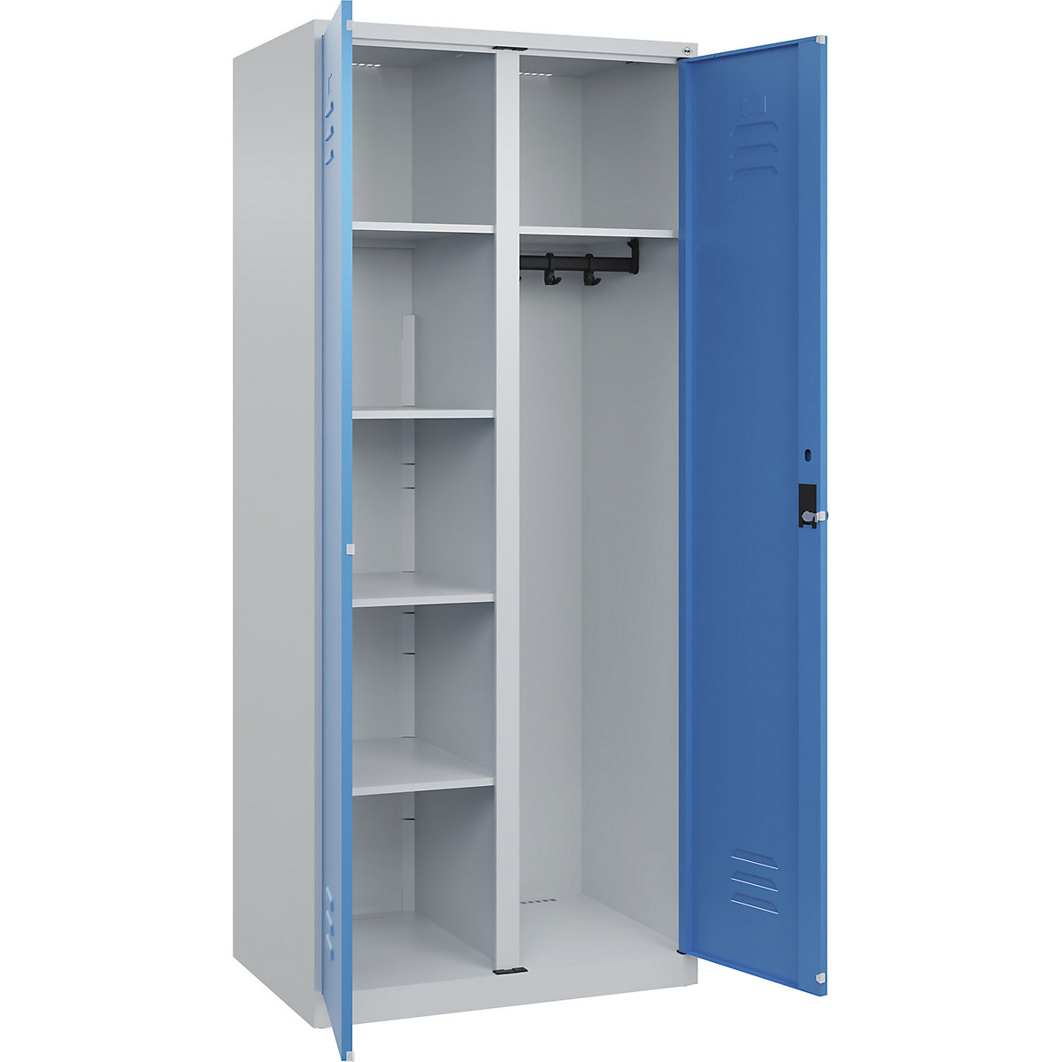 Armadietto per materiale di pulizia Classic PLUS – C+P, 1 scomparto, tramezza centrale, grigio chiaro / blu chiaro, largh. 800 mm, con piedini a pavimento, serratura girevole-0