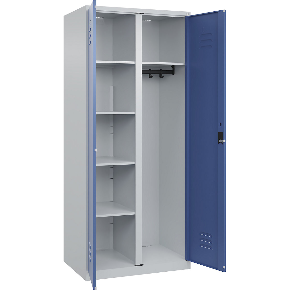 Armadietto per materiale di pulizia Classic PLUS – C+P, 1 scomparto, tramezza centrale, grigio chiaro / indaco, largh. 800 mm, con piedini a pavimento, serratura girevole-0