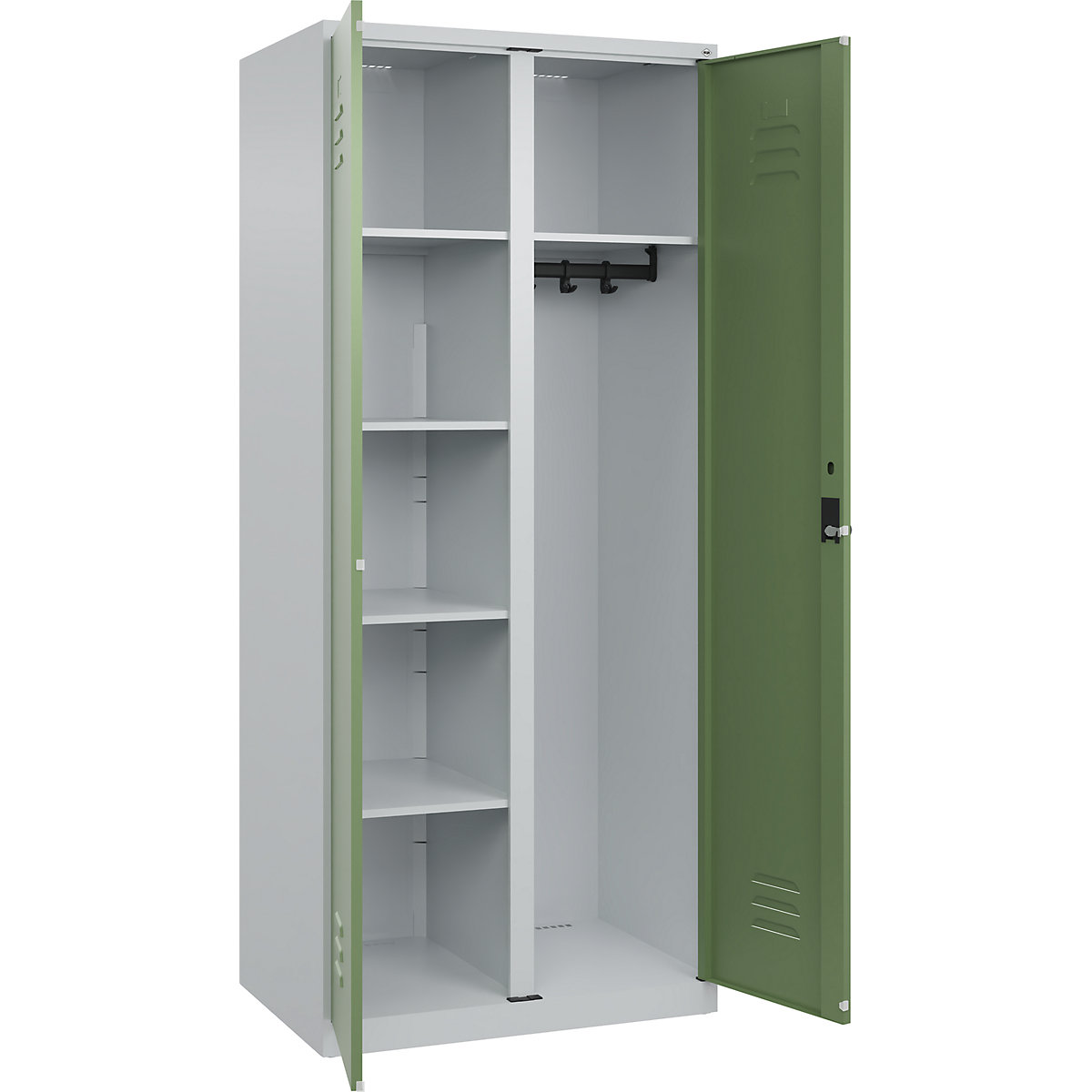 Armadietto per materiale di pulizia Classic PLUS – C+P, 1 scomparto, tramezza centrale, grigio chiaro / verde reseda, largh. 800 mm, con piedini a pavimento, serratura girevole-0