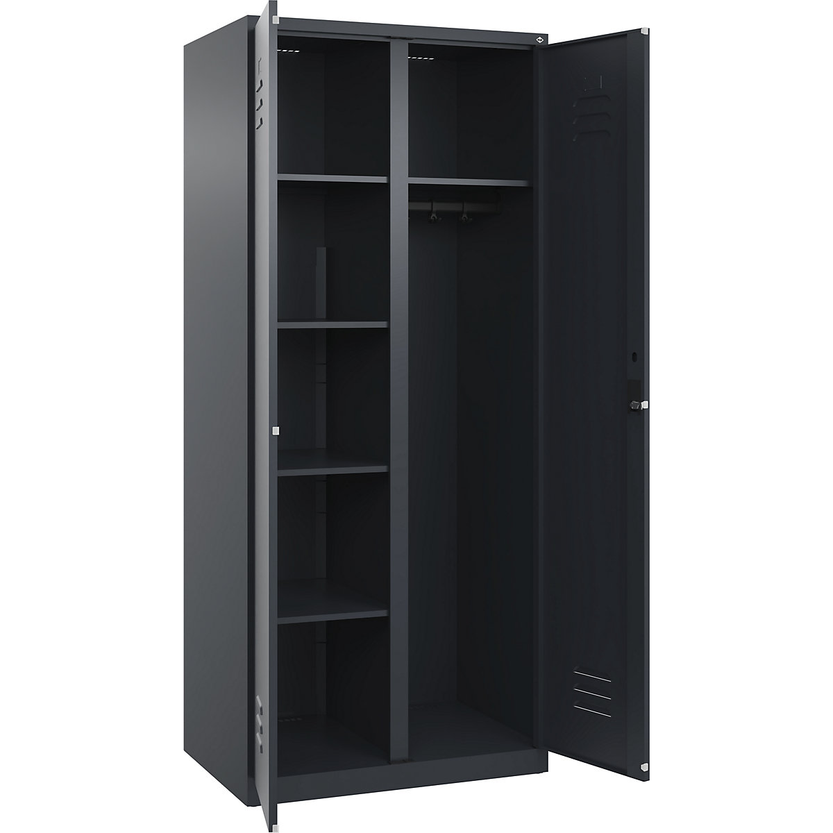 Armadietto per materiale di pulizia Classic PLUS – C+P, 1 scomparto, tramezza centrale, grigio, largh. 800 mm, con piedini a pavimento, serratura a cilindro-0