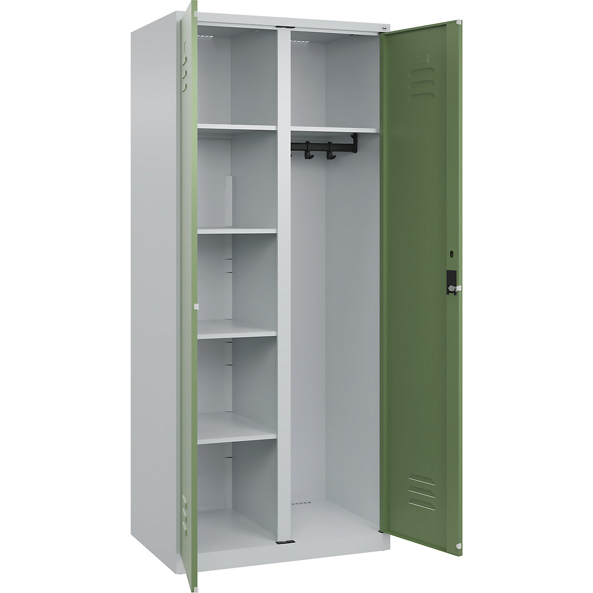 Armadietto per materiale di pulizia Classic PLUS – C+P, 1 scomparto, tramezza centrale, grigio chiaro / verde reseda, largh. 800 mm, con piedini a pavimento, serratura a cilindro-0