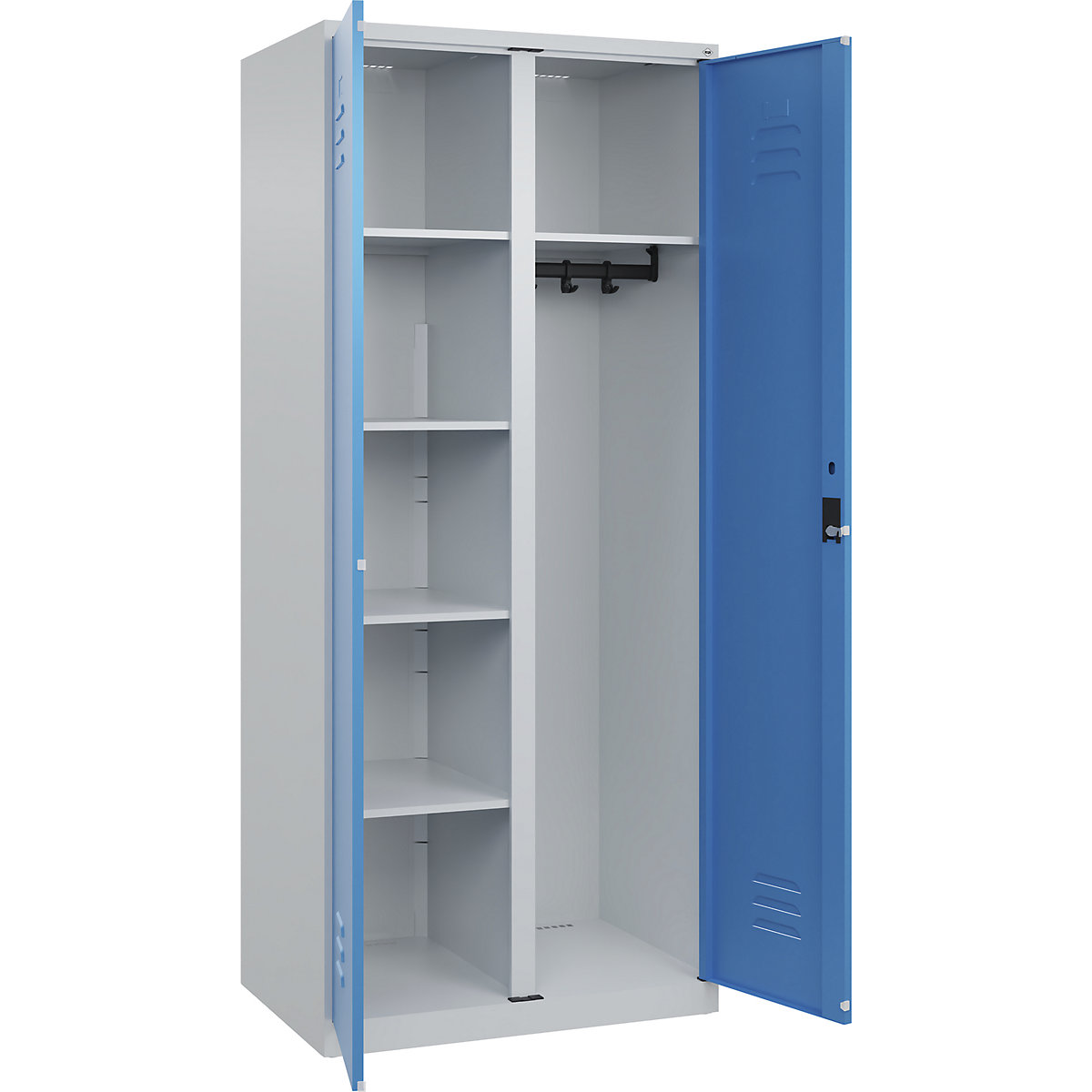 Armadietto per materiale di pulizia Classic PLUS – C+P, 1 scomparto, tramezza centrale, grigio chiaro / blu chiaro, largh. 800 mm, con piedini a pavimento, serratura a cilindro-0
