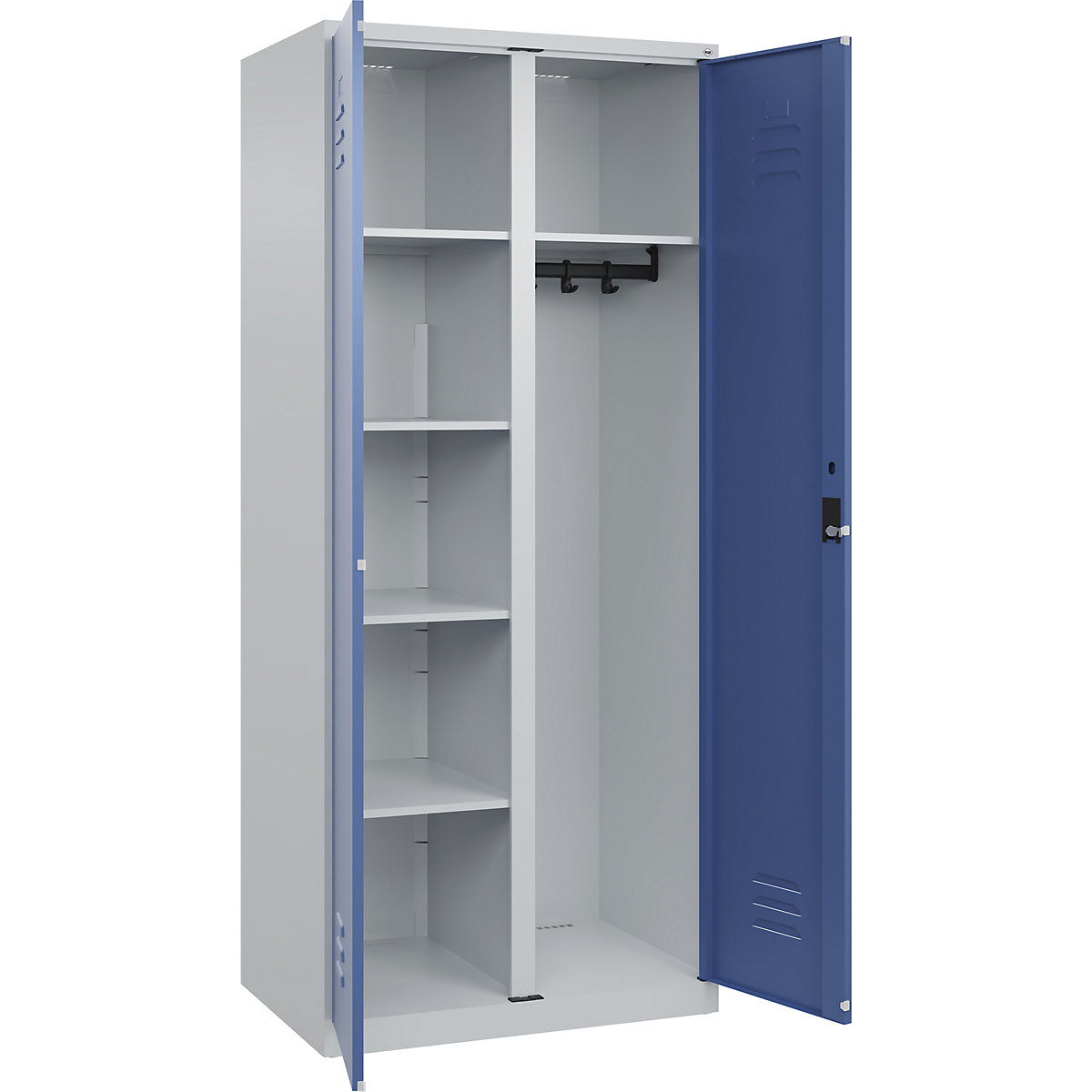 Armadietto per materiale di pulizia Classic PLUS – C+P, 1 scomparto, tramezza centrale, grigio chiaro / indaco, largh. 800 mm, con piedini a pavimento, serratura a cilindro-0