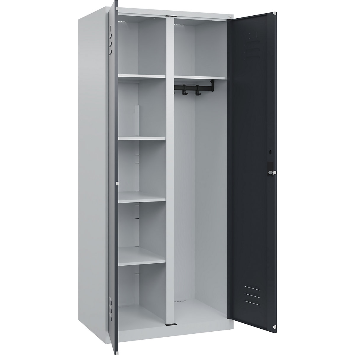 Armadietto per materiale di pulizia Classic PLUS – C+P, 1 scomparto, tramezza centrale, grigio chiaro / grigio, largh. 800 mm, con piedini a pavimento, serratura a cilindro-0
