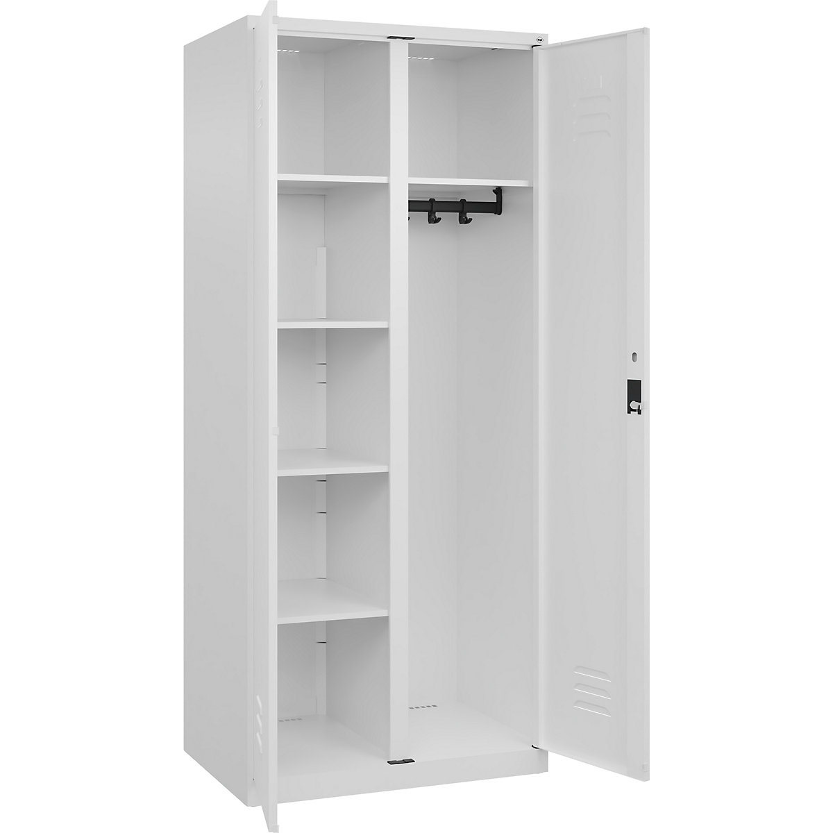 Armadietto per materiale di pulizia Classic PLUS – C+P, 1 scomparto, tramezza centrale, bianco traffico, largh. 800 mm, con piedini a pavimento, serratura a cilindro-0