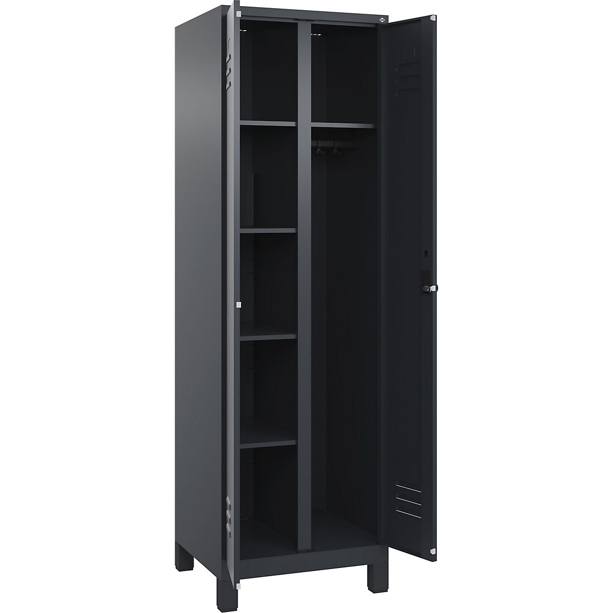 Armadietto per materiale di pulizia Classic PLUS – C+P, 1 scomparto, tramezza centrale, grigio, largh. 600 mm, con piedini, serratura girevole-0