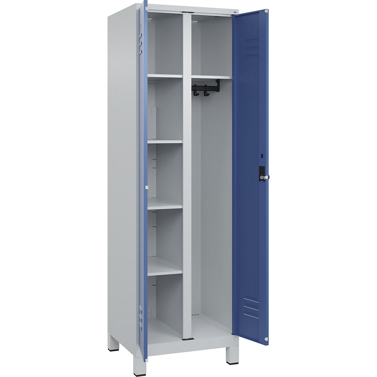 Armadietto per materiale di pulizia Classic PLUS – C+P, 1 scomparto, tramezza centrale, grigio chiaro / indaco, largh. 600 mm, con piedini, serratura girevole-0
