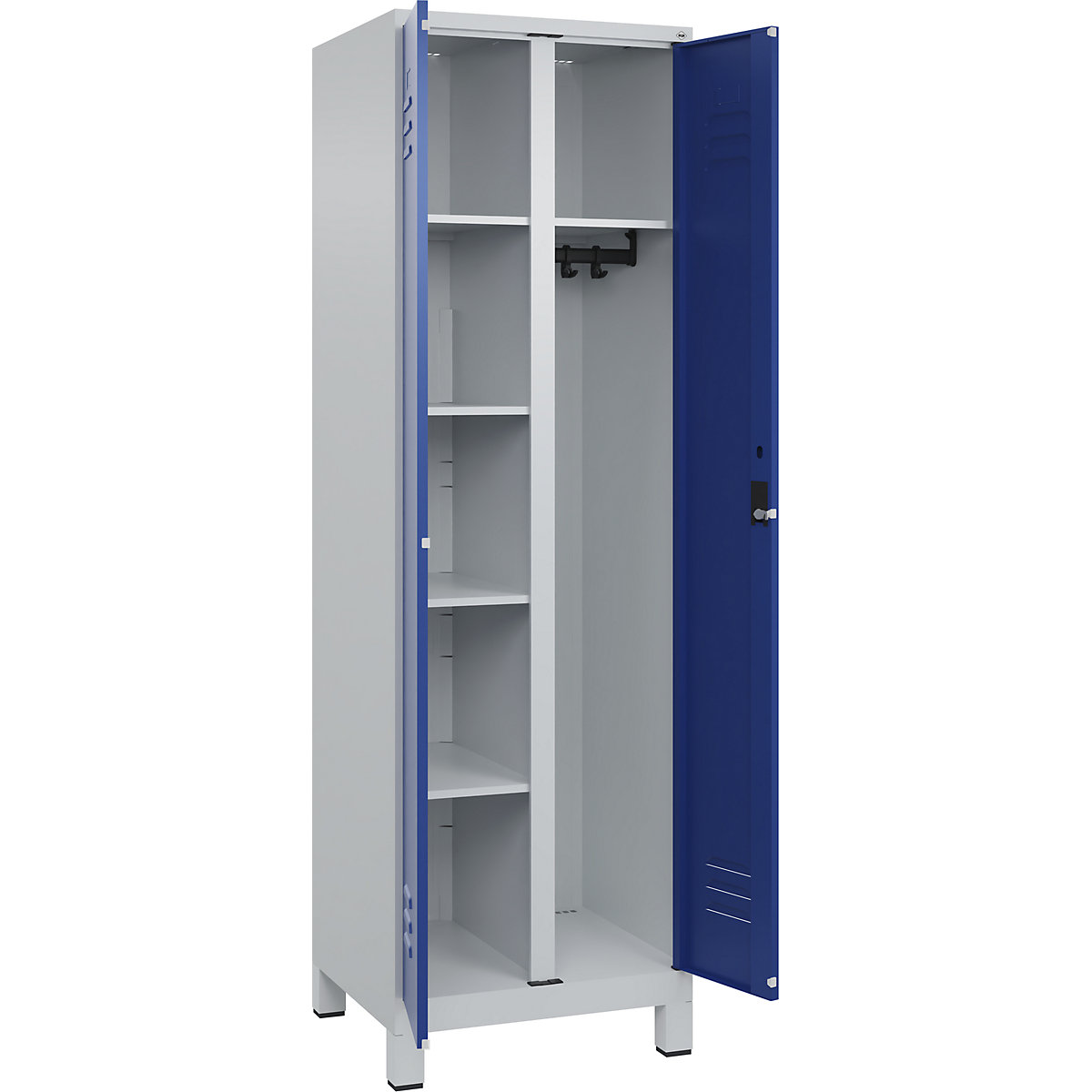 Armadietto per materiale di pulizia Classic PLUS – C+P, 1 scomparto, tramezza centrale, grigio chiaro / blu genziana, largh. 600 mm, con piedini, serratura a cilindro-0