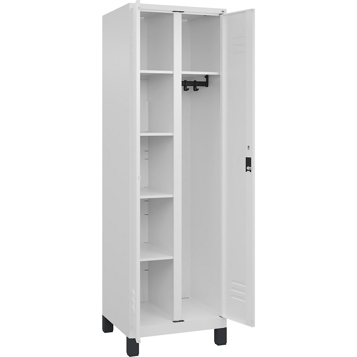 Armadietto per materiale di pulizia Classic PLUS – C+P, 1 scomparto, tramezza centrale, bianco traffico, largh. 600 mm, con piedini, serratura a cilindro-0