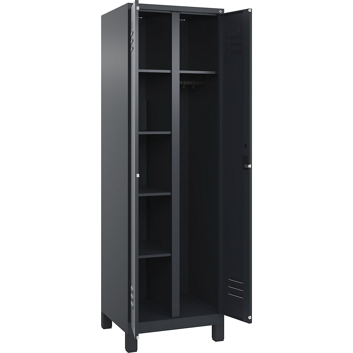 Armadietto per materiale di pulizia Classic PLUS – C+P, 1 scomparto, tramezza centrale, grigio, largh. 600 mm, con piedini, serratura a cilindro-0