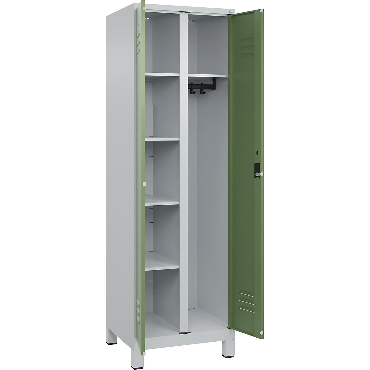 Armadietto per materiale di pulizia Classic PLUS – C+P, 1 scomparto, tramezza centrale, grigio chiaro / verde reseda, largh. 600 mm, con piedini, serratura a cilindro-0