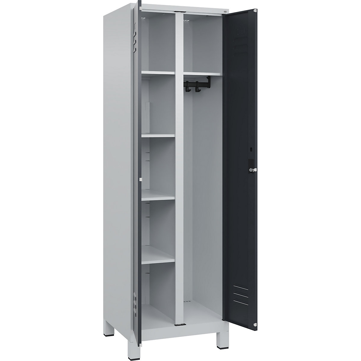 Armadietto per materiale di pulizia Classic PLUS – C+P, 1 scomparto, tramezza centrale, grigio chiaro / grigio, largh. 600 mm, con piedini, serratura a cilindro-0
