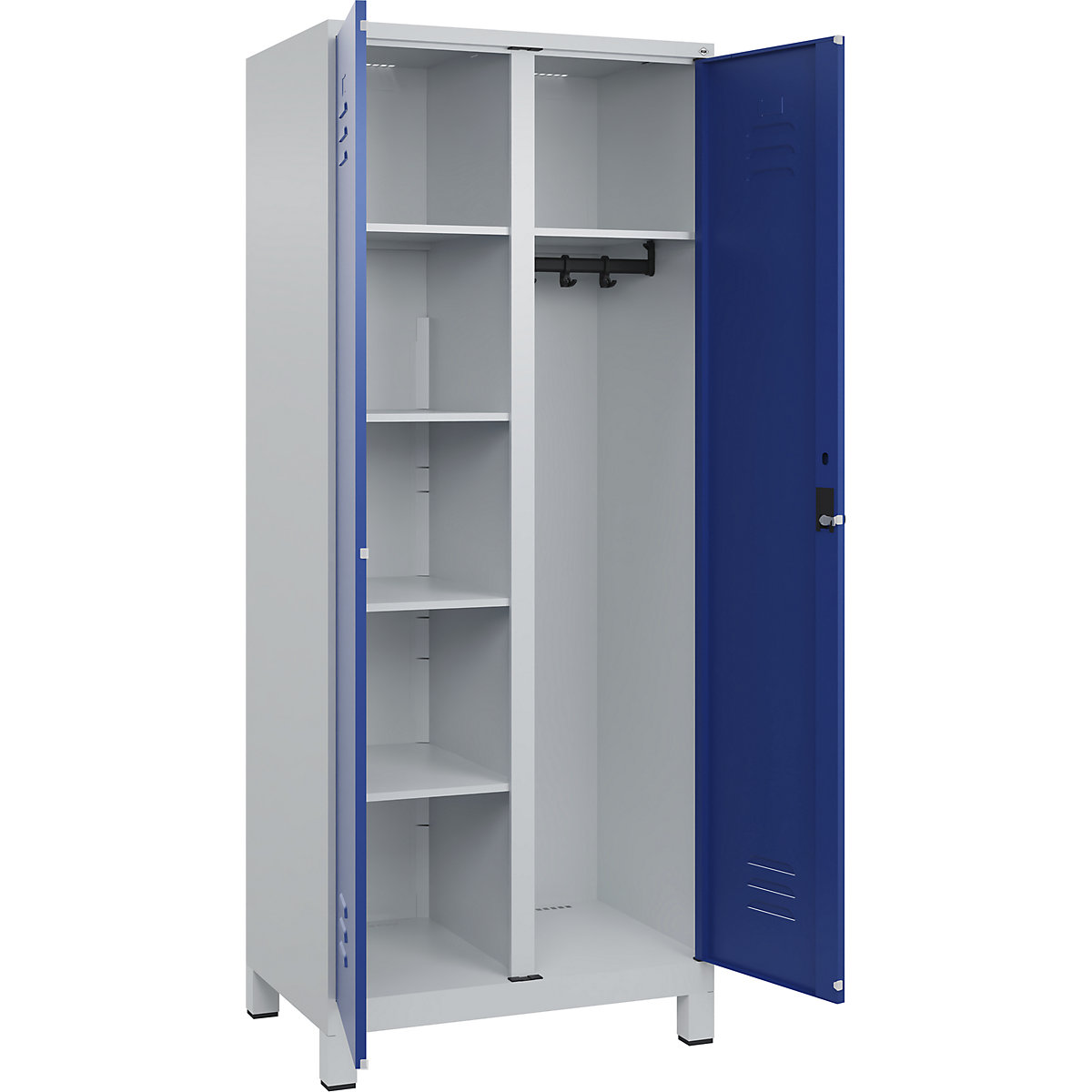 Armadietto per materiale di pulizia Classic PLUS – C+P, 1 scomparto, tramezza centrale, grigio chiaro / blu genziana, largh. 800 mm, con piedini, serratura girevole-0